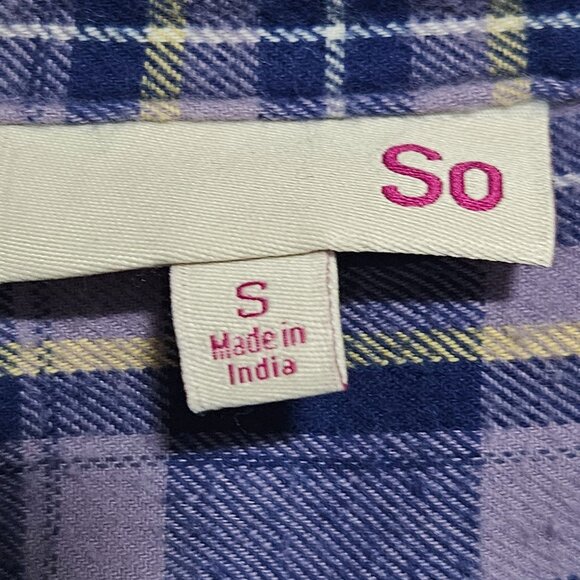 SO Plaid Button Up Shirt Womens Size Small Purple Blue 100% Cotton Long Sleeve - Picture 4 of 6